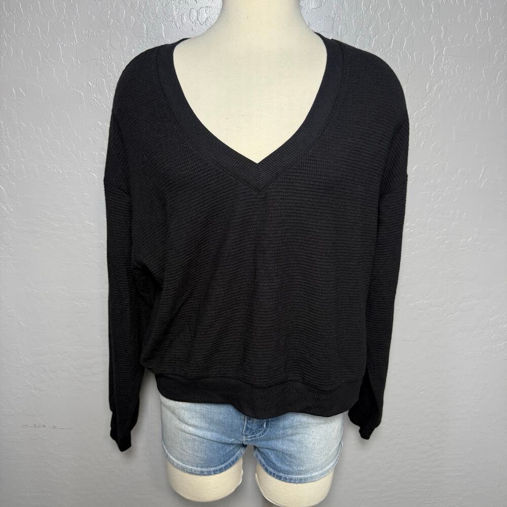 Pacsun PAC 1980 Black Active Aspen Waffle Knit First String V-Neck Sweatshirt, M